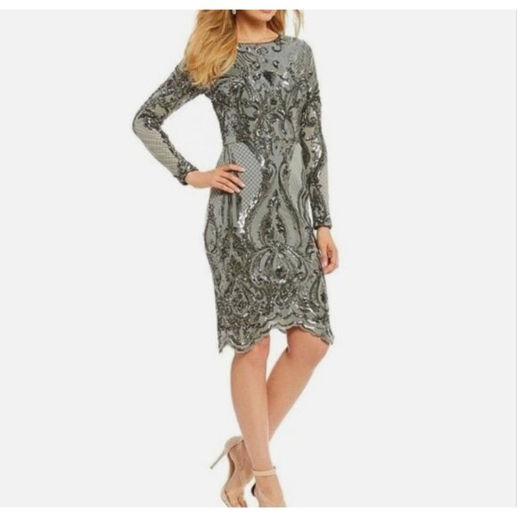 Betsy & Adam Sequin Bodycon Cocktail Dress Womens 6 Blue Gunmetal Silver Holiday - Picture 1 of 13